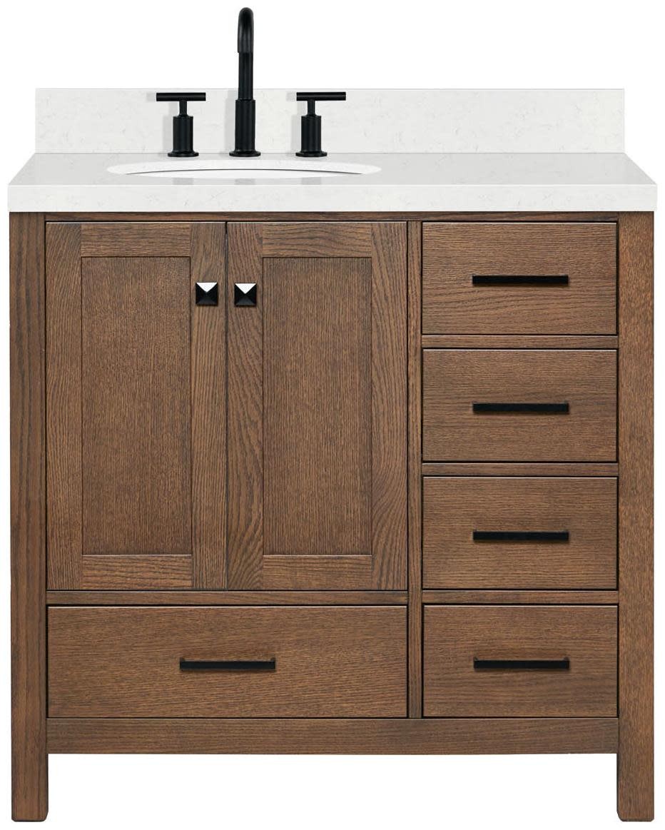 Ariel A036SLCQOVO Cambridge 36″ – Brown Oak / Carrara White Quartz / Satin Brass