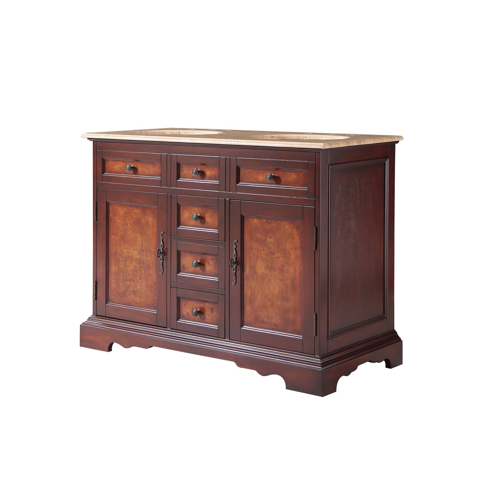 48″ Compact Double Sink Cabinet Travertine Stone Countertop Bathroom Vanity
