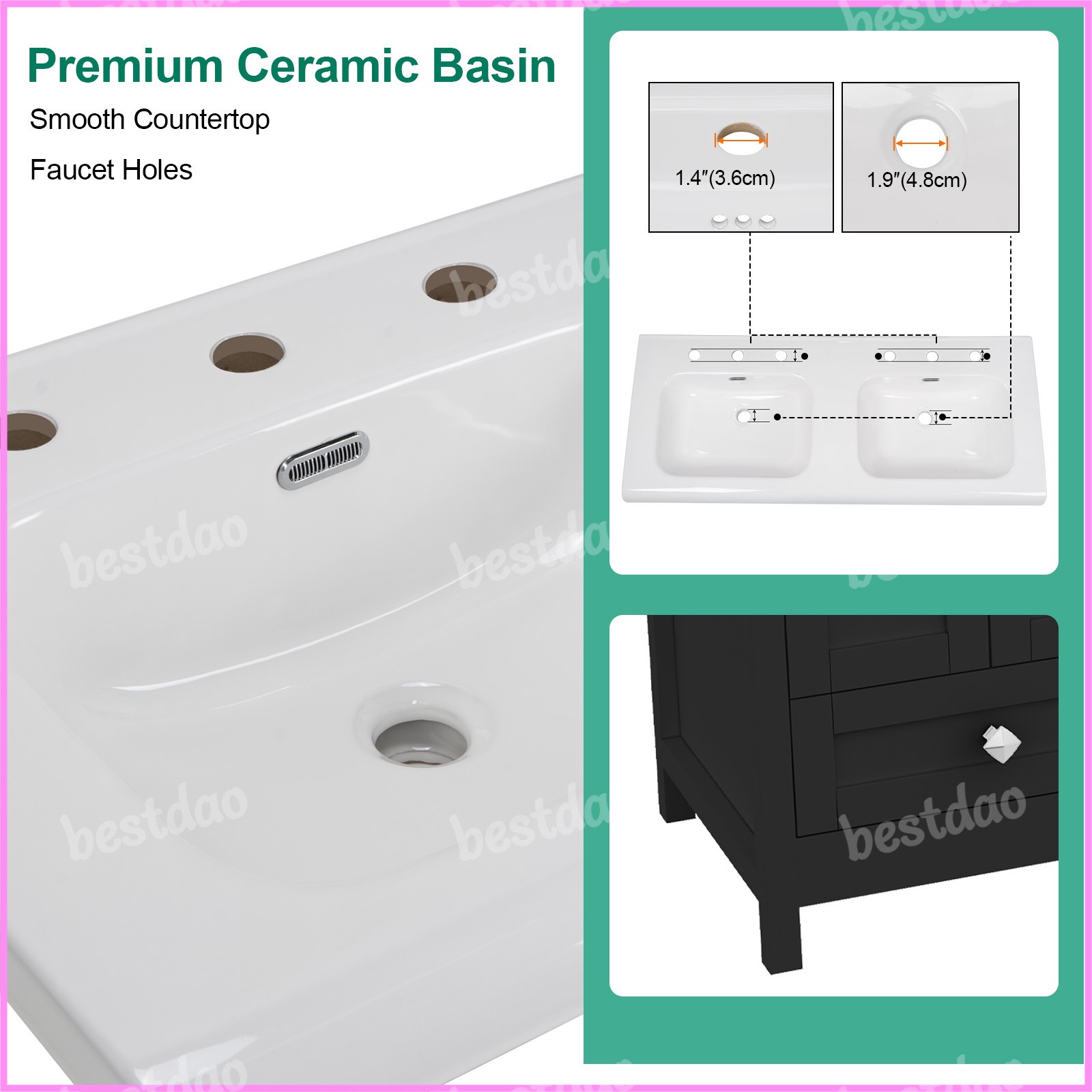 47″ Black Bathroom Vanity Cabinet w/ Double Ceramic Sinks & 2 Doors & 6 Drawers