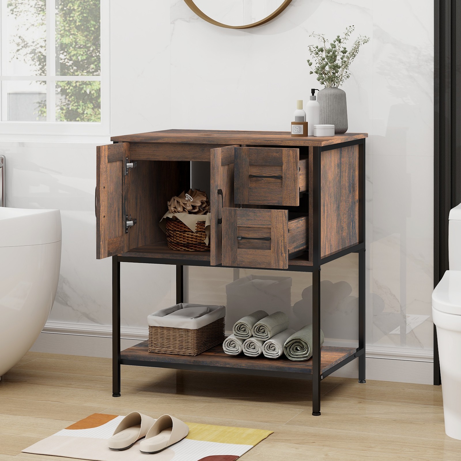 30″ Modern Freestanding Bathroom Vanity with Vessel Sink, 2 Drawers & Open Shelf
