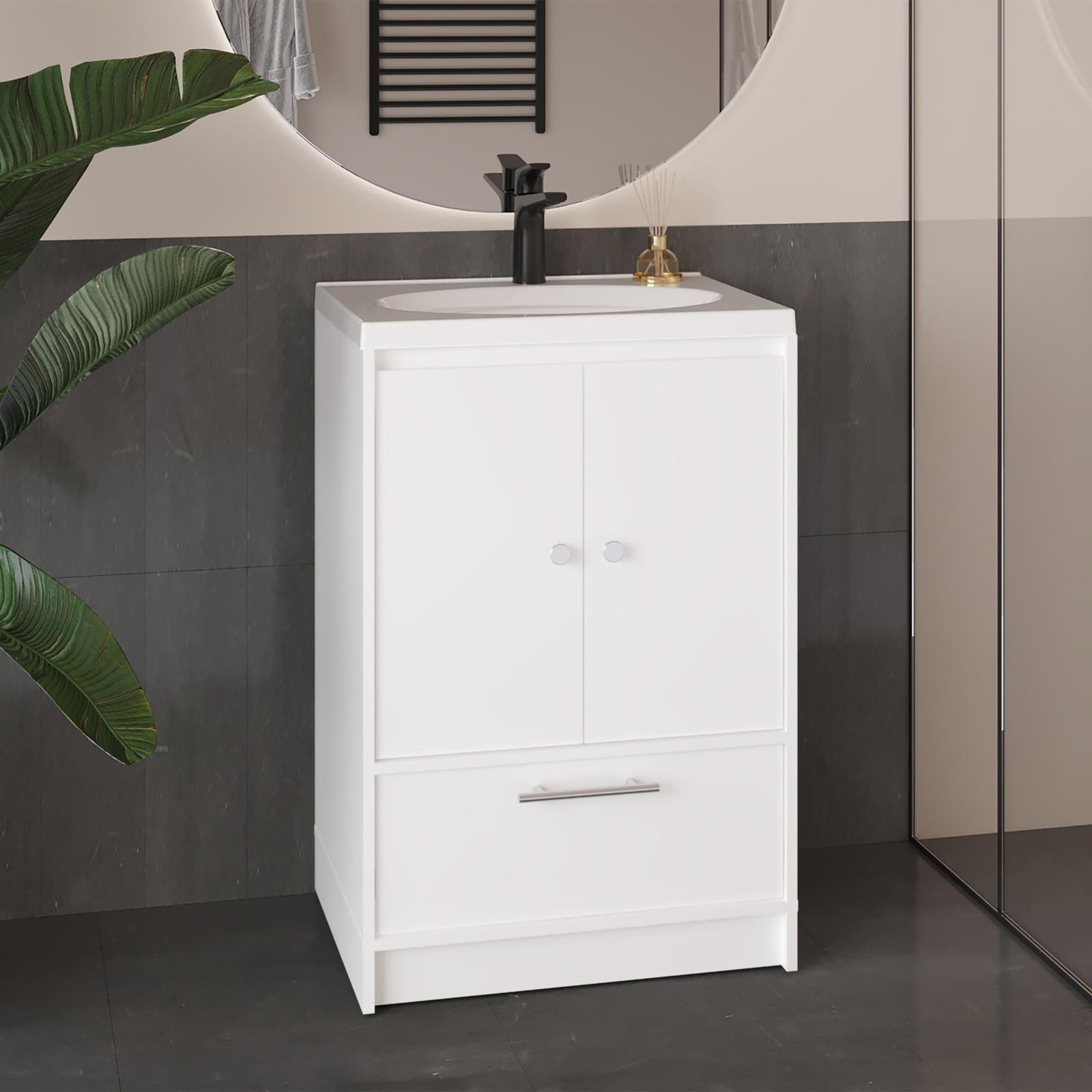 60″ Bathroom Vanity with Two Doors & Three Drawers White