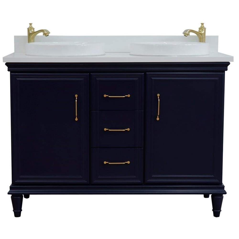 49 in. Double Wooden Vanity Blue with White Quartz Round Sink