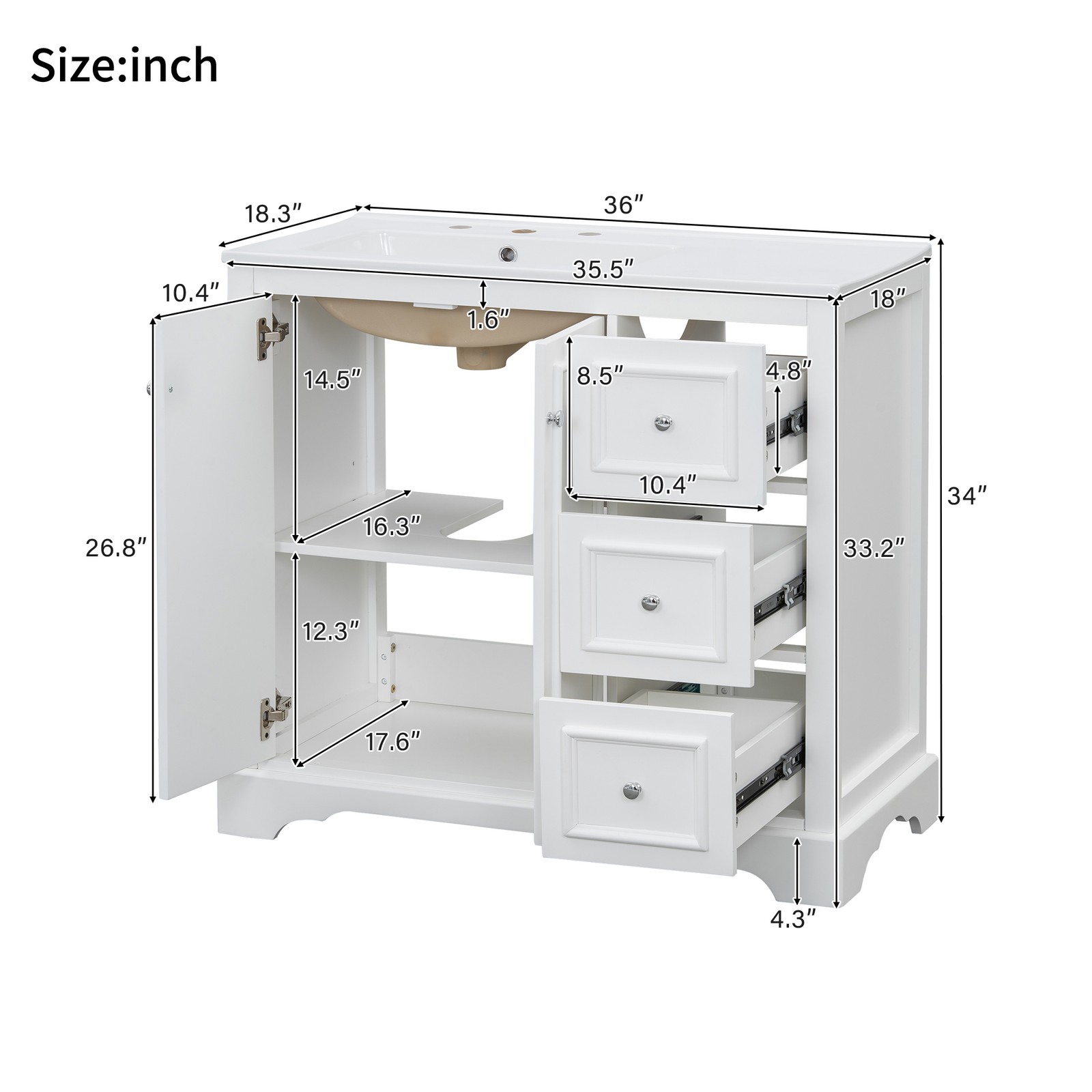 36″ White Transitional Bathroom Vanity with Ceramic Sink
