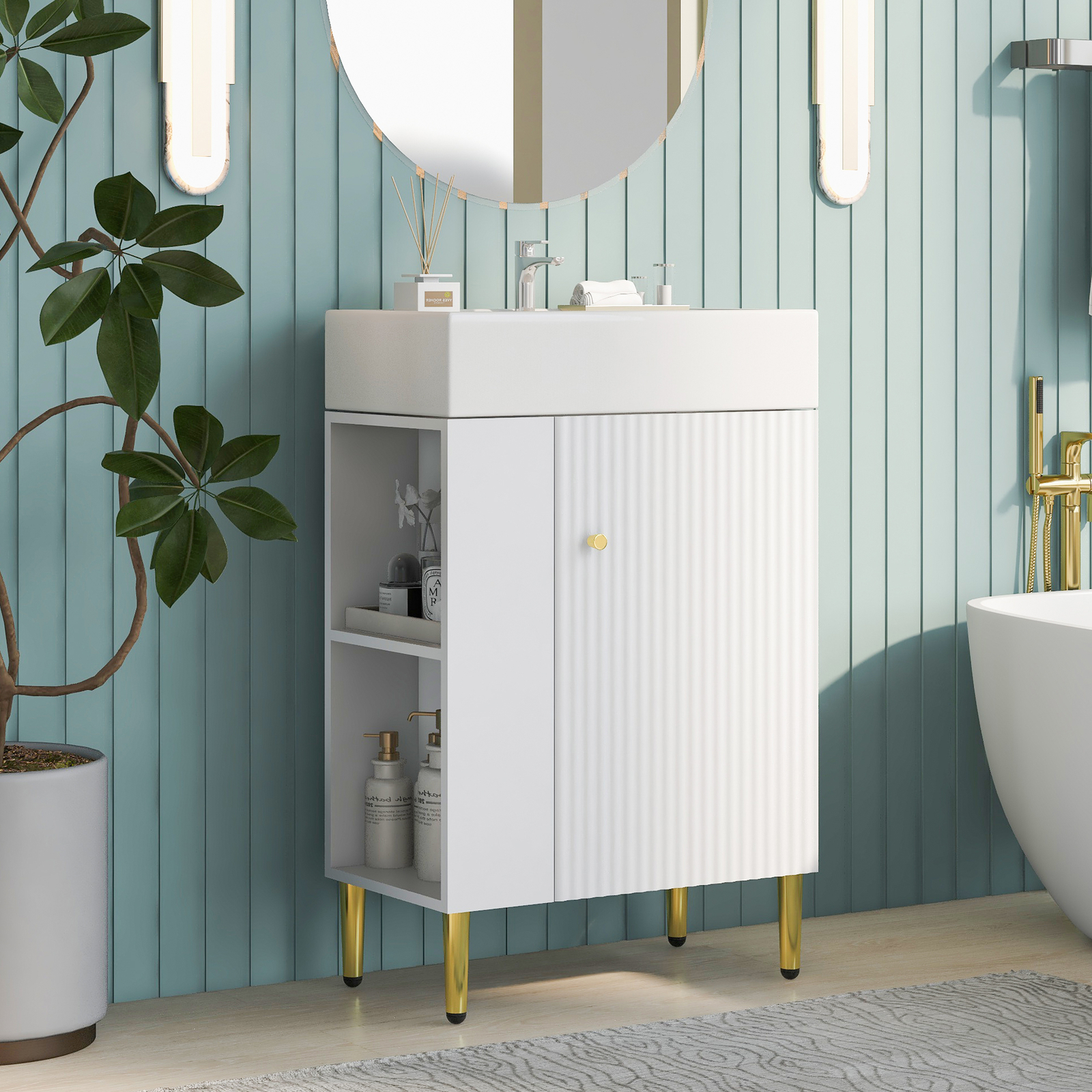 21.6″ Small Bathroom Vanity with Ceramic Sink Top with 1 Door and Side Shelves