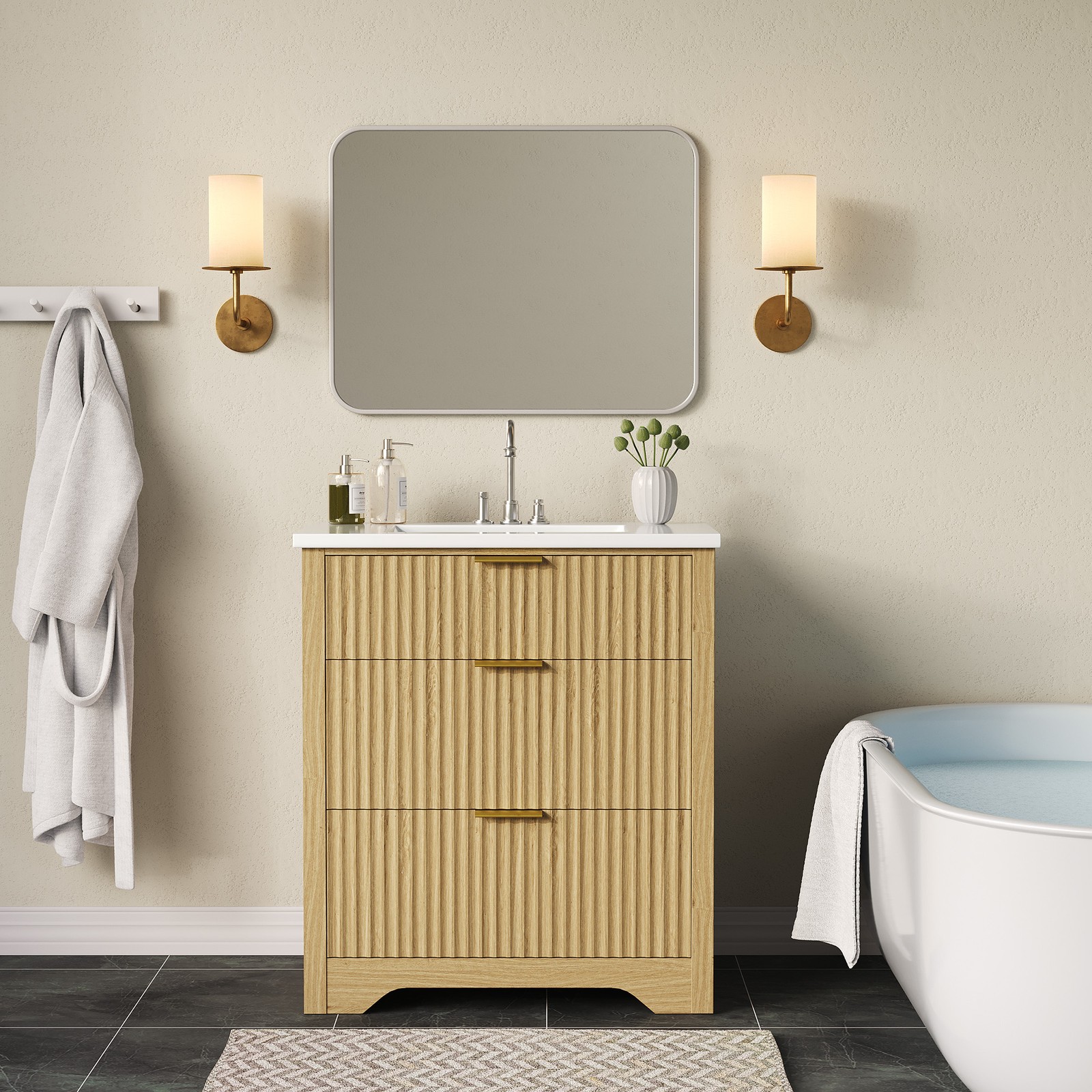 30″ Fluted Bathroom Vanity w/Sink, Freestanding Bathroom Sink Cabinet w/Drawers