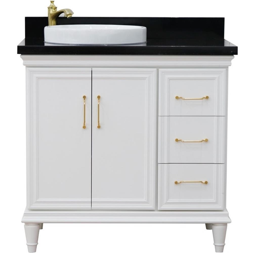 37 in. Single Wooden Vanity White Black Galaxy Round Left Door.Left Sink
