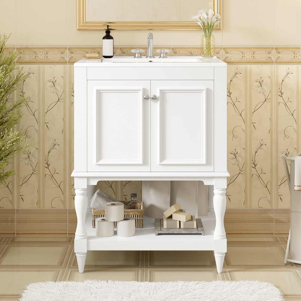 24″ Modern Bathroom Vanity w/ Ceramic Sink & Storage, White