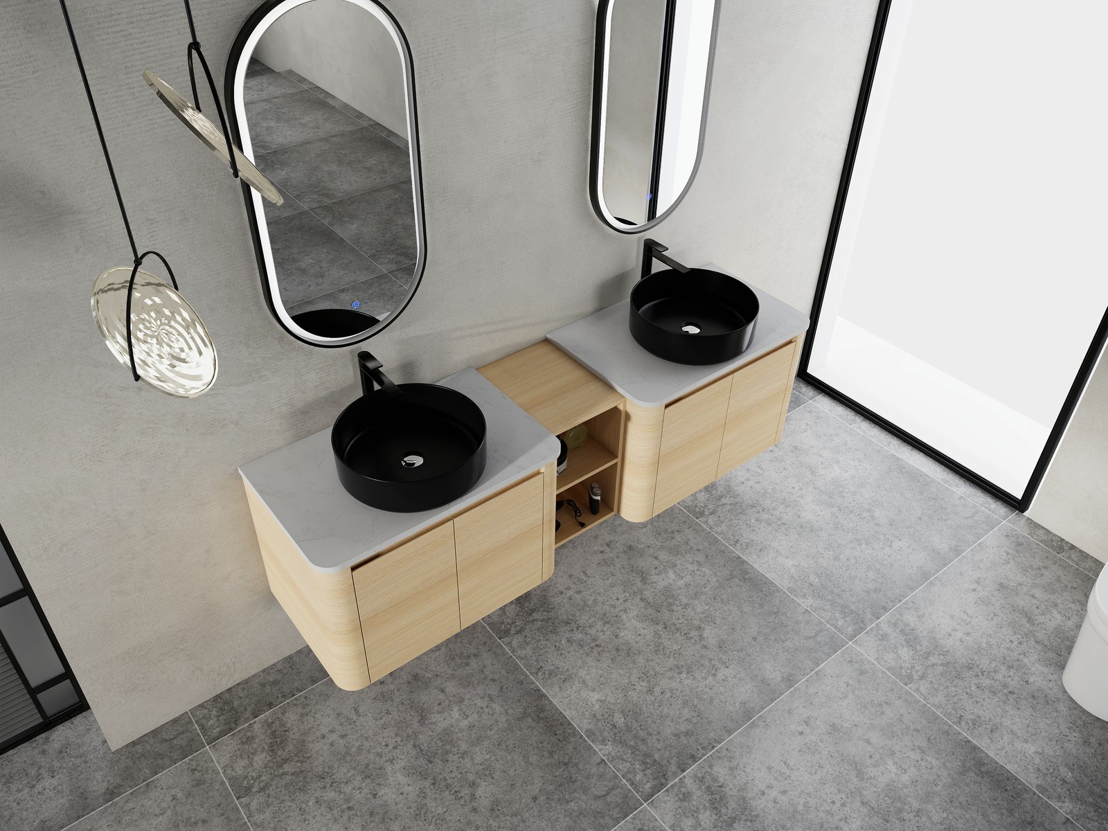 72 in Floating Bathroom Vanity Cabinet 2x Black Ceramic Sink Basin +Open Shelves