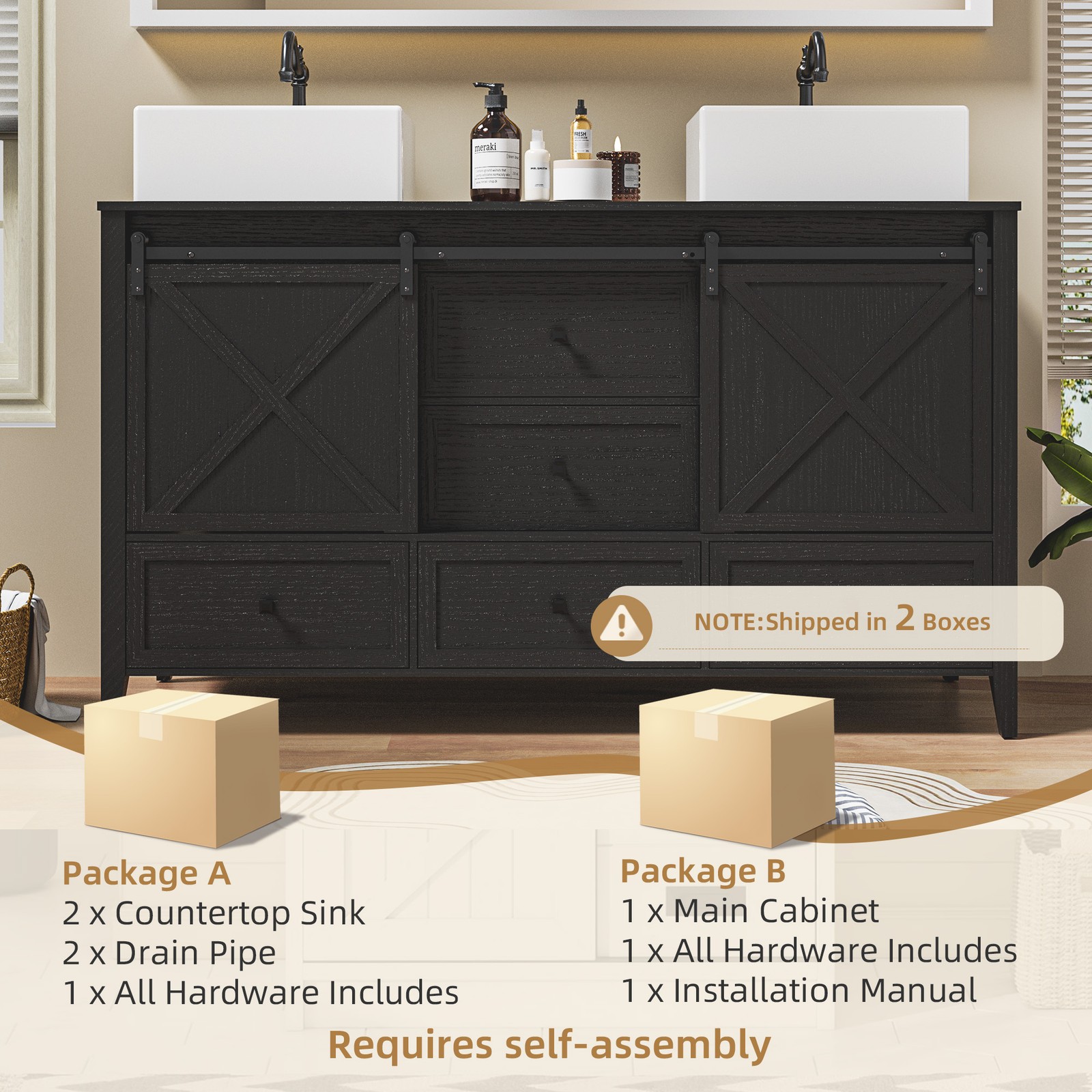 60-inch Bathroom Vanity Cabinet Double Vessel Sink Top Sink Cabinet Modern Wood