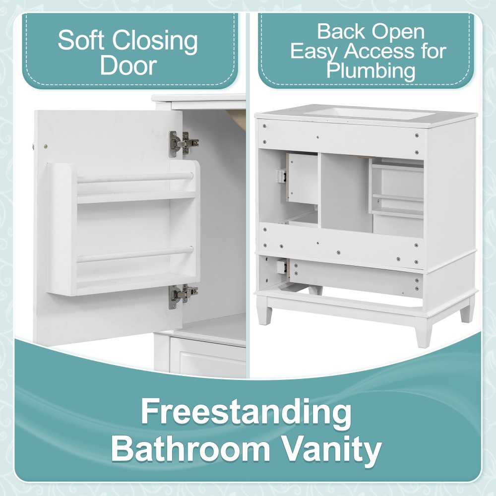 30″ Bathroom Vanity with Sink, One Door with Shelf and Three Drawers