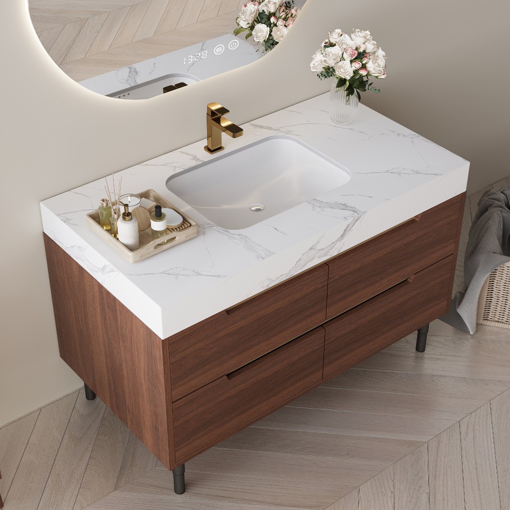 35.4″ Farmhouse Bathroom Vanity w/Sintered Stone Top，4 Drawers，Wall/Floor Mount