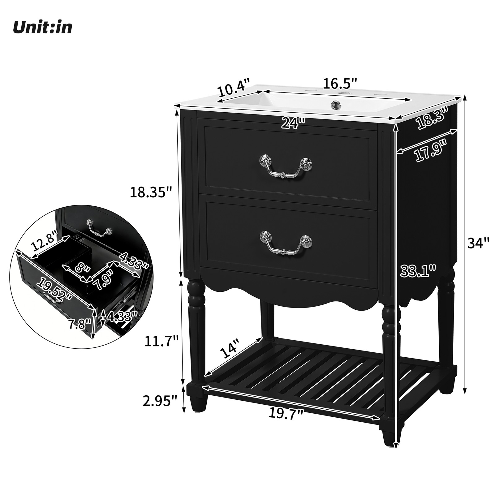 FUNIDEE 24″ Vintage Bathroom Vanity Storage Cabinet with Ceramic Sink Black