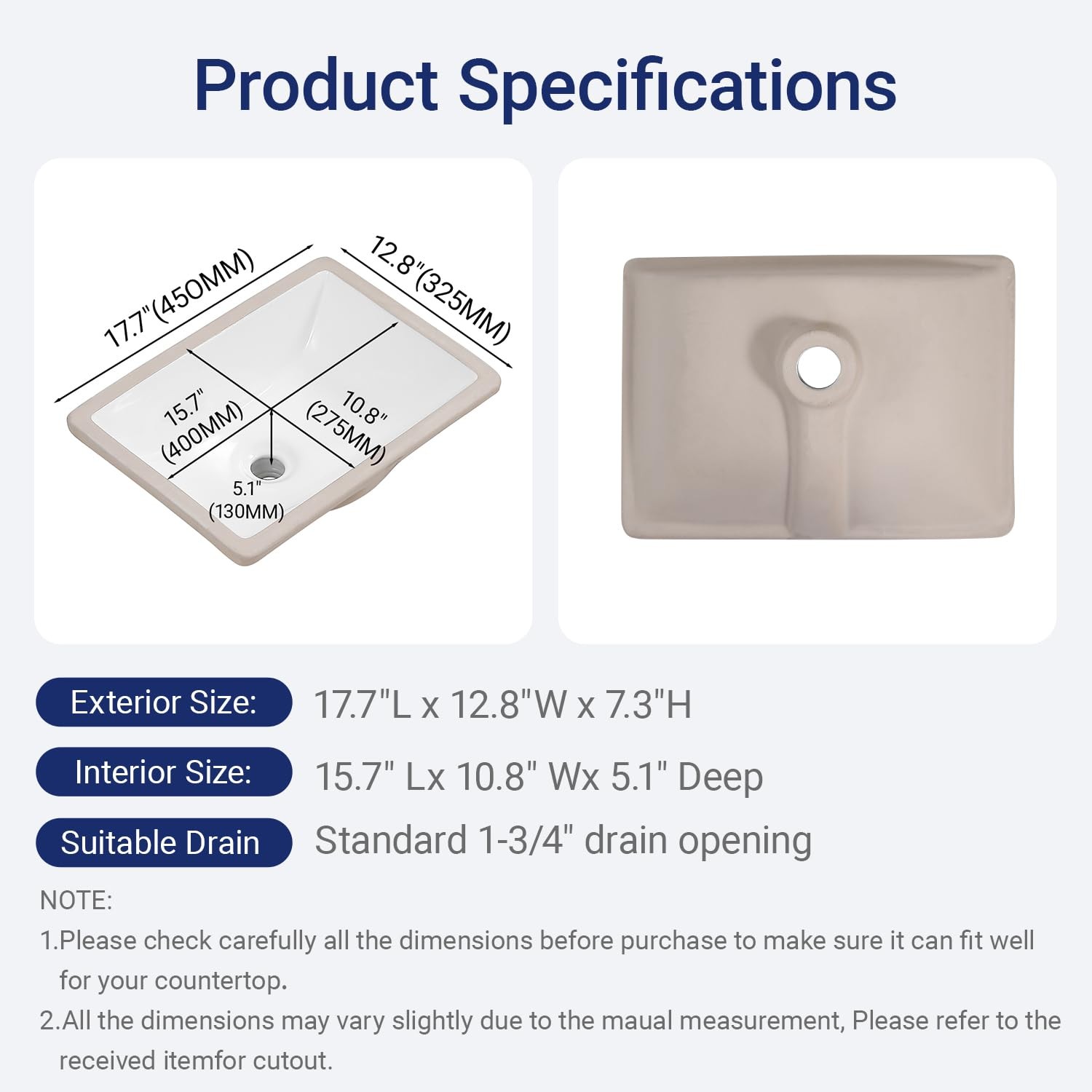 18 Inch Small Rectangle Undermount Bathroom Sink Vessel Sink Lavatory Ceramic…