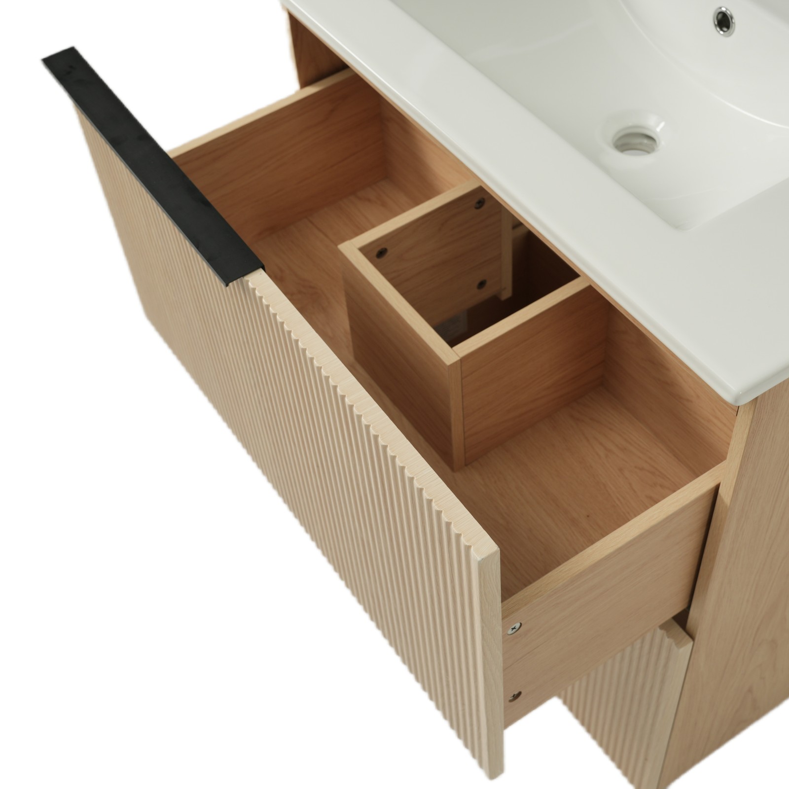 30″ Bathroom Vanity with Ceramic Sink, Soft Close Drawers, Fluted Design