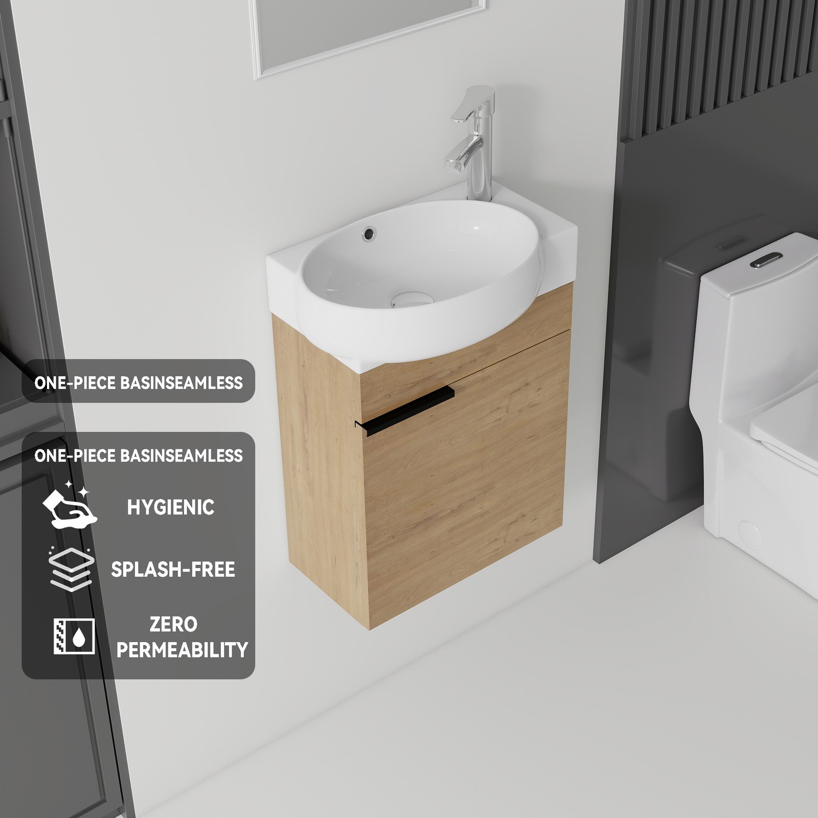 16″ Floating Bathroom Vanity Combo Wall Mounted Plywood Cabinet Oak