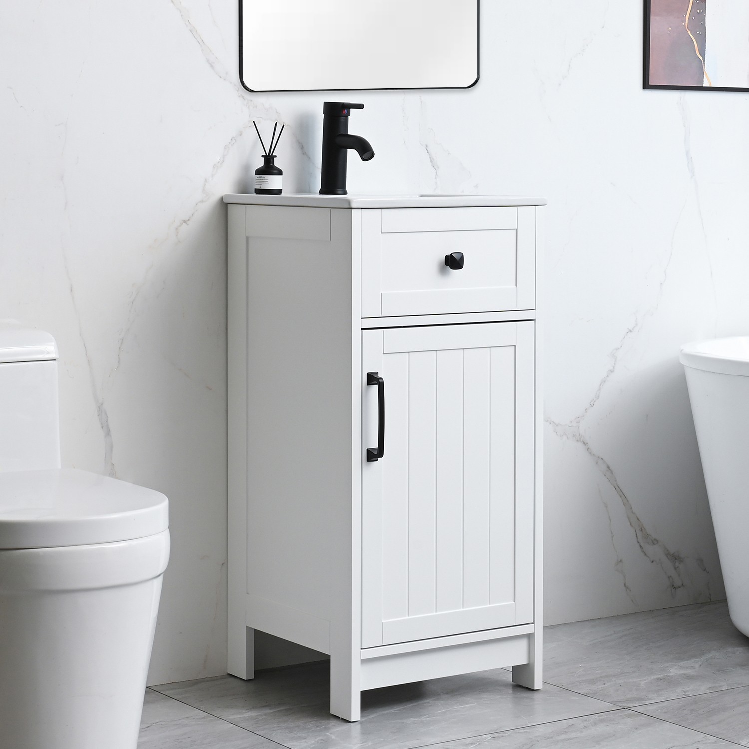 16″ Bathroom Vanity with Sink Small Cabinet Ceramic Sink Set Faucet &Drain Combo