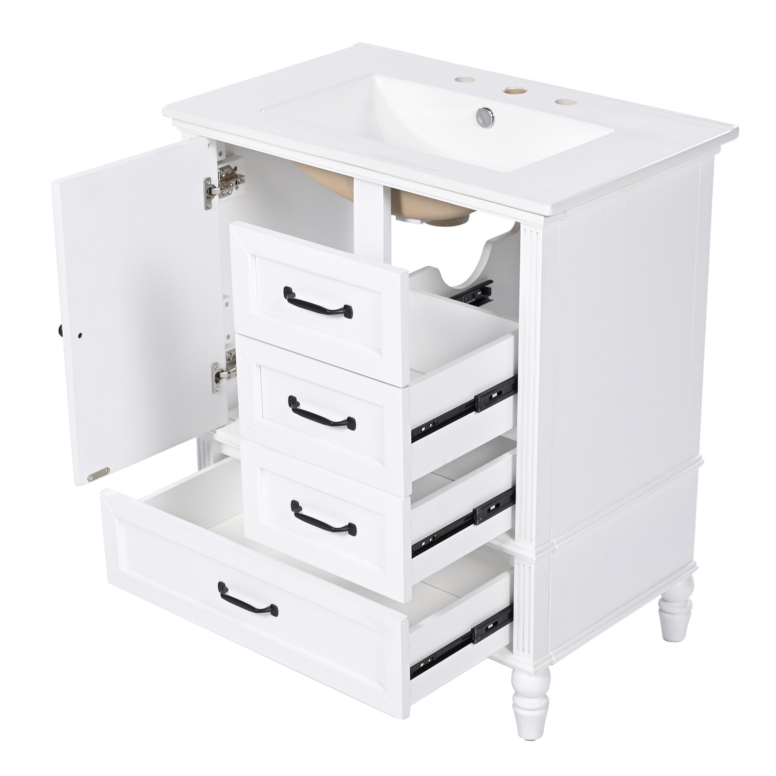 30″ Bathroom Vanity with Sink, Bathroom Cabinet with A Door, Three Drawers White