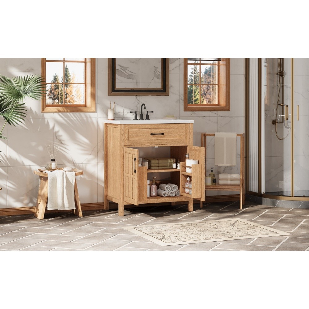 30″ Bathroom Vanity Resin Sink, Solid Wood, Adjustable Shelf & Door Organizers