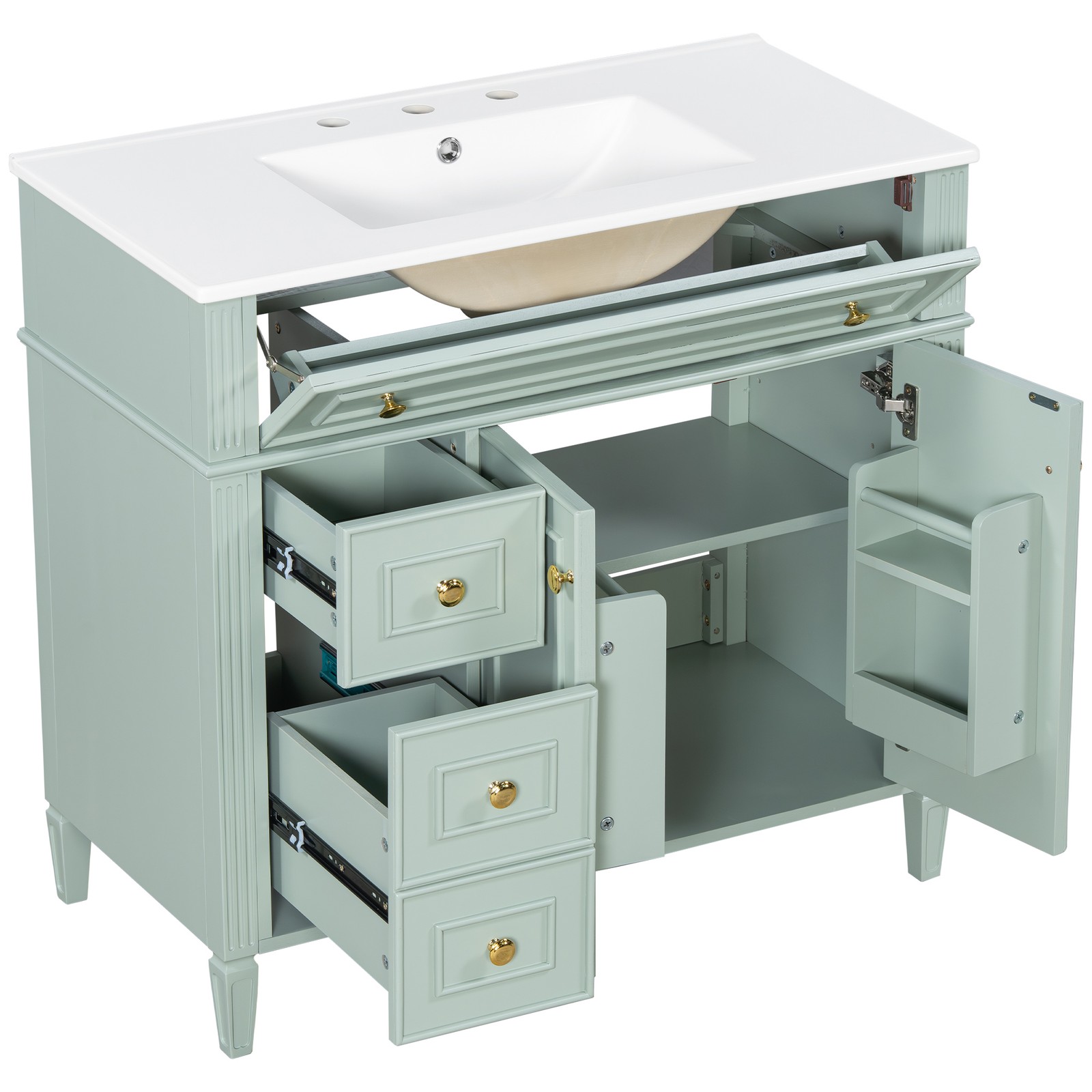 36″ Bathroom Vanity with Sink, Green Solid Wood Cabinet, 3 Drawers 2 Doors