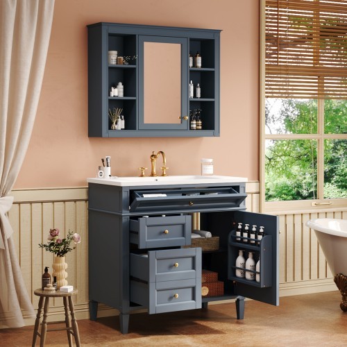 36” Blue Bathroom Vanity w/ Sink & Mirror Cabinet Storage Soft Close Doors