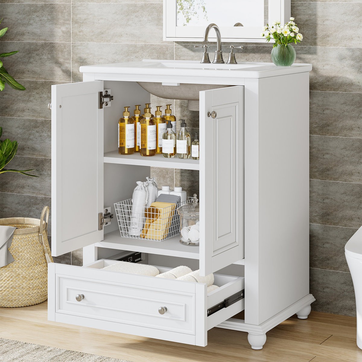 24 inch Bathroom Vanity with Ceramic Sink Combo Cabinet with 2 Doors & 1 Drawer
