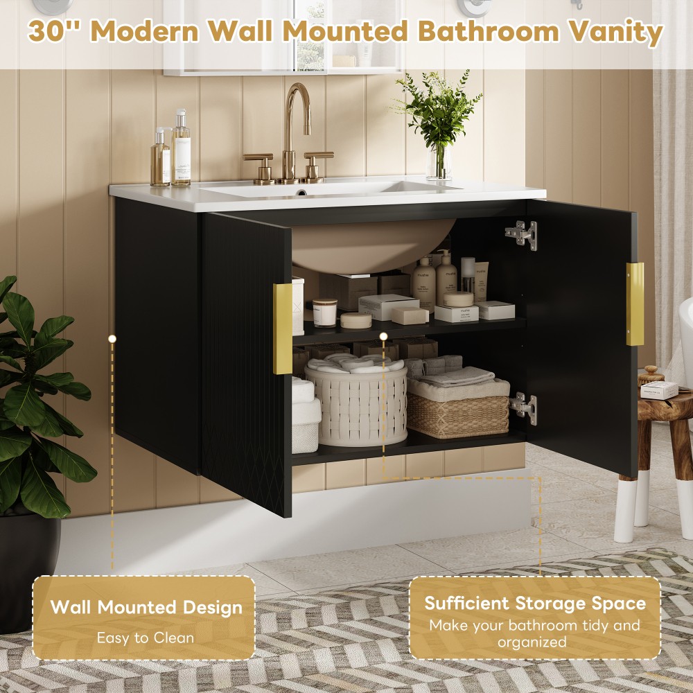 Bathroom Vanity W Ceramic Sink Three-Hole Mounting Features Two Soft-Close Doors