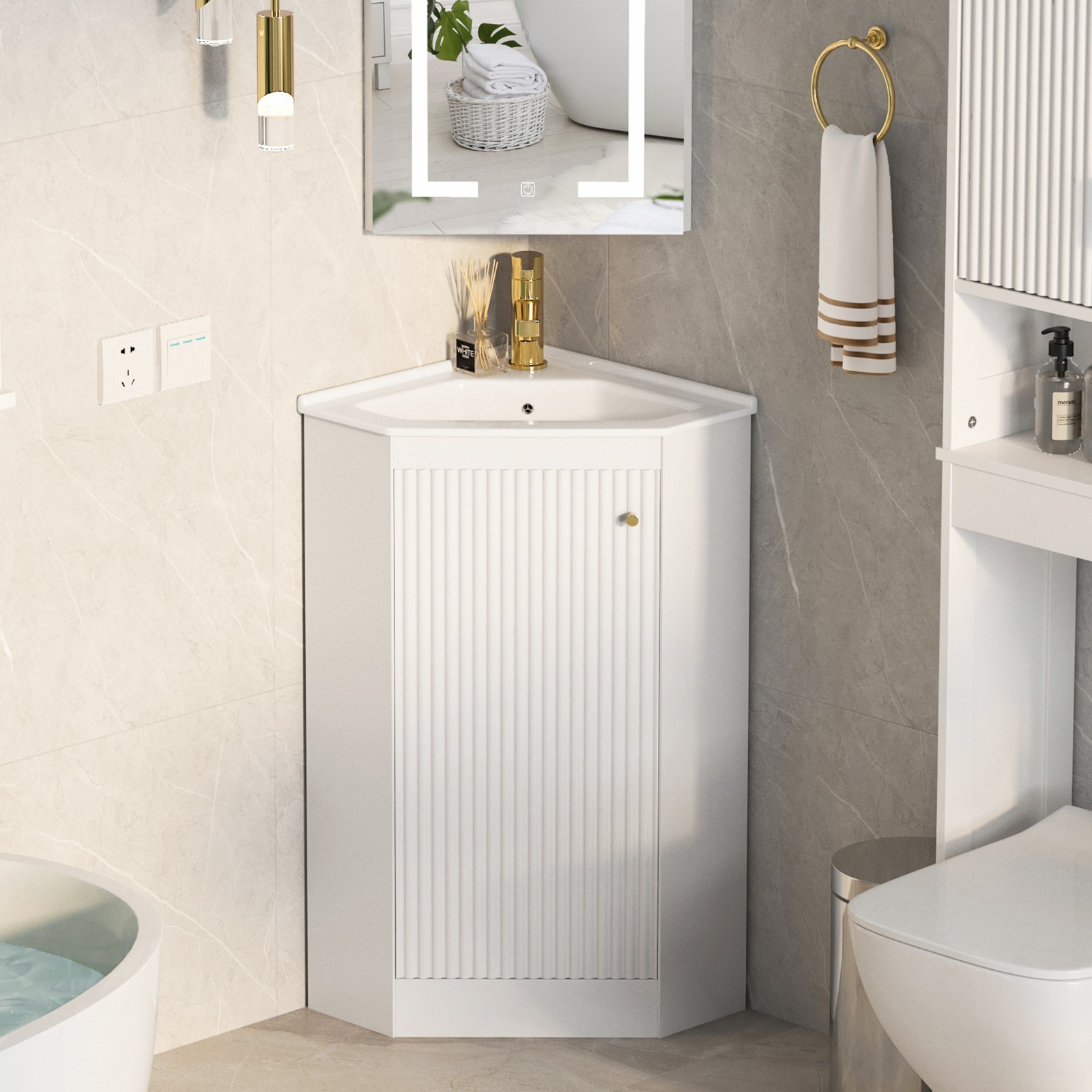 24″ Corner Bathroom Vanity Sink Combo for Small Space Freestanding Sink Cabinet