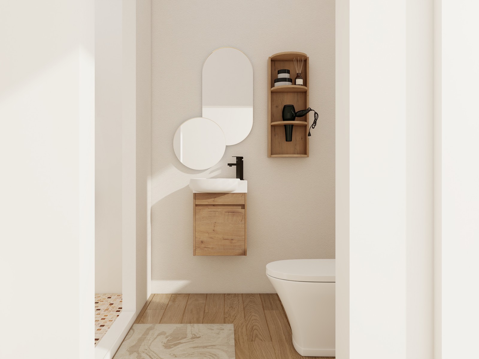 16Inch Wall Mounted Bathroom Vanity With Ceramic Sink Basin W/ Storage Rack Oak