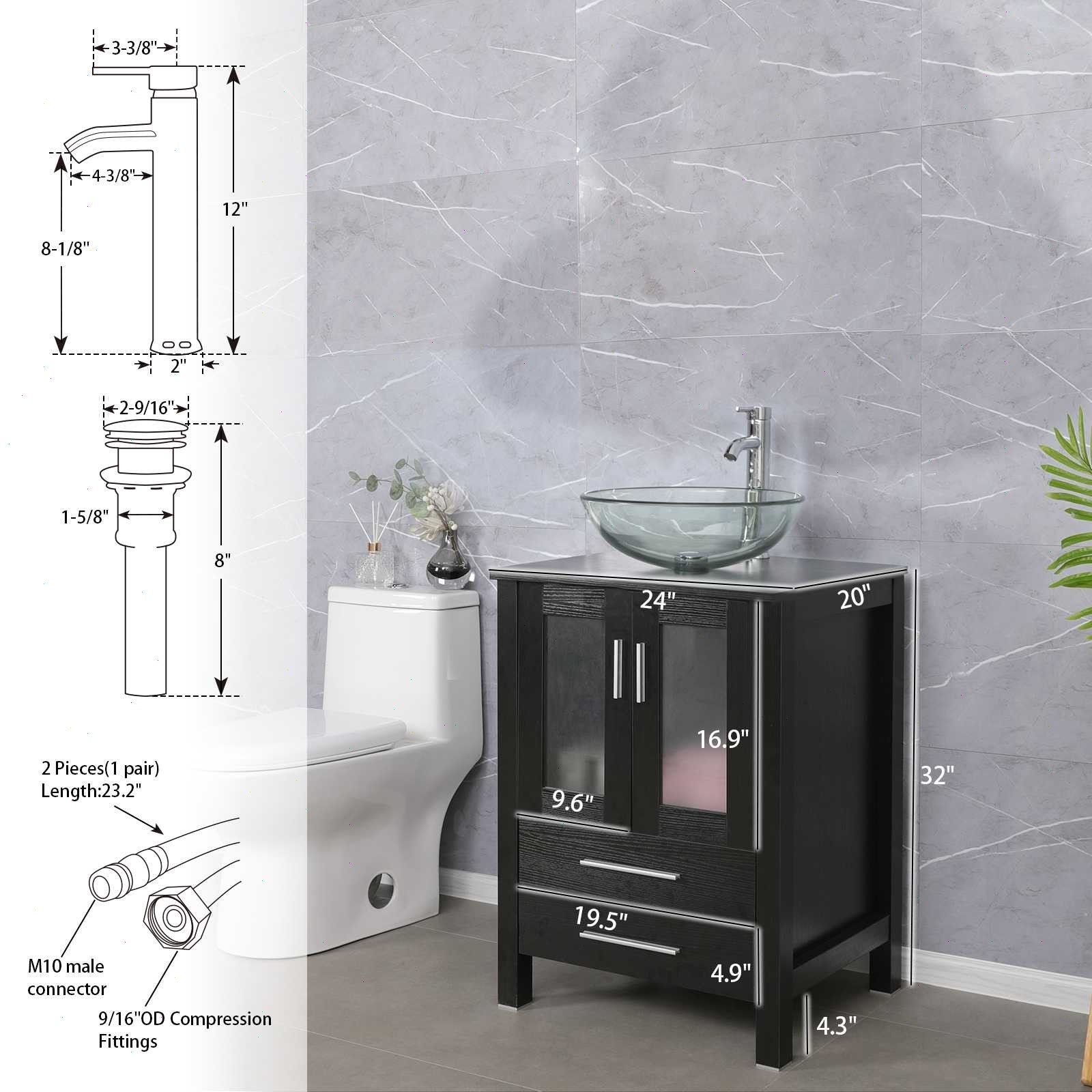 24″ Bathroom Vanity Set Tempered Glass Vessel Sink Faucet Drain Combo No Mirror