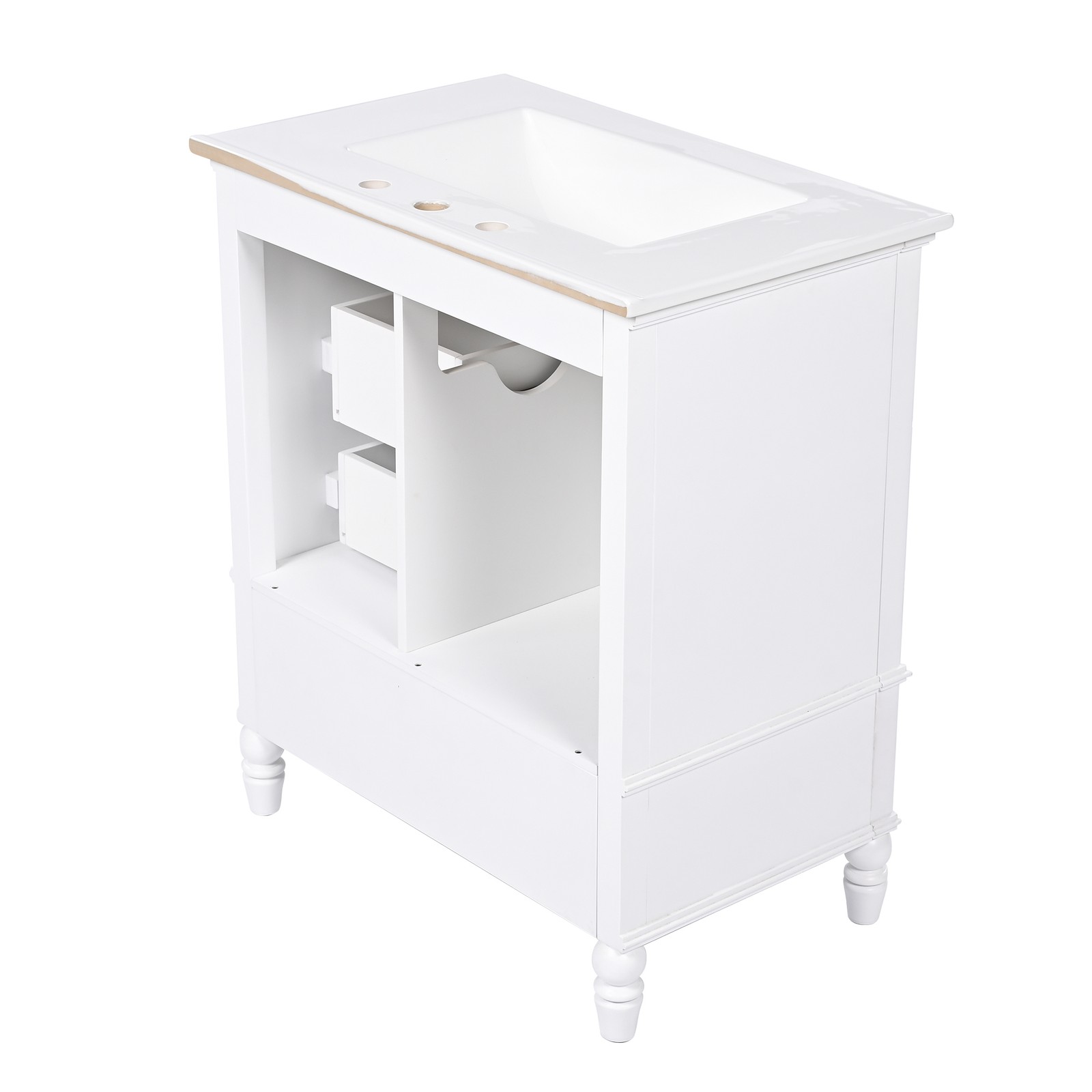 30″ Bathroom Vanity with Sink, Bathroom Cabinet with A Door, Three Drawers White