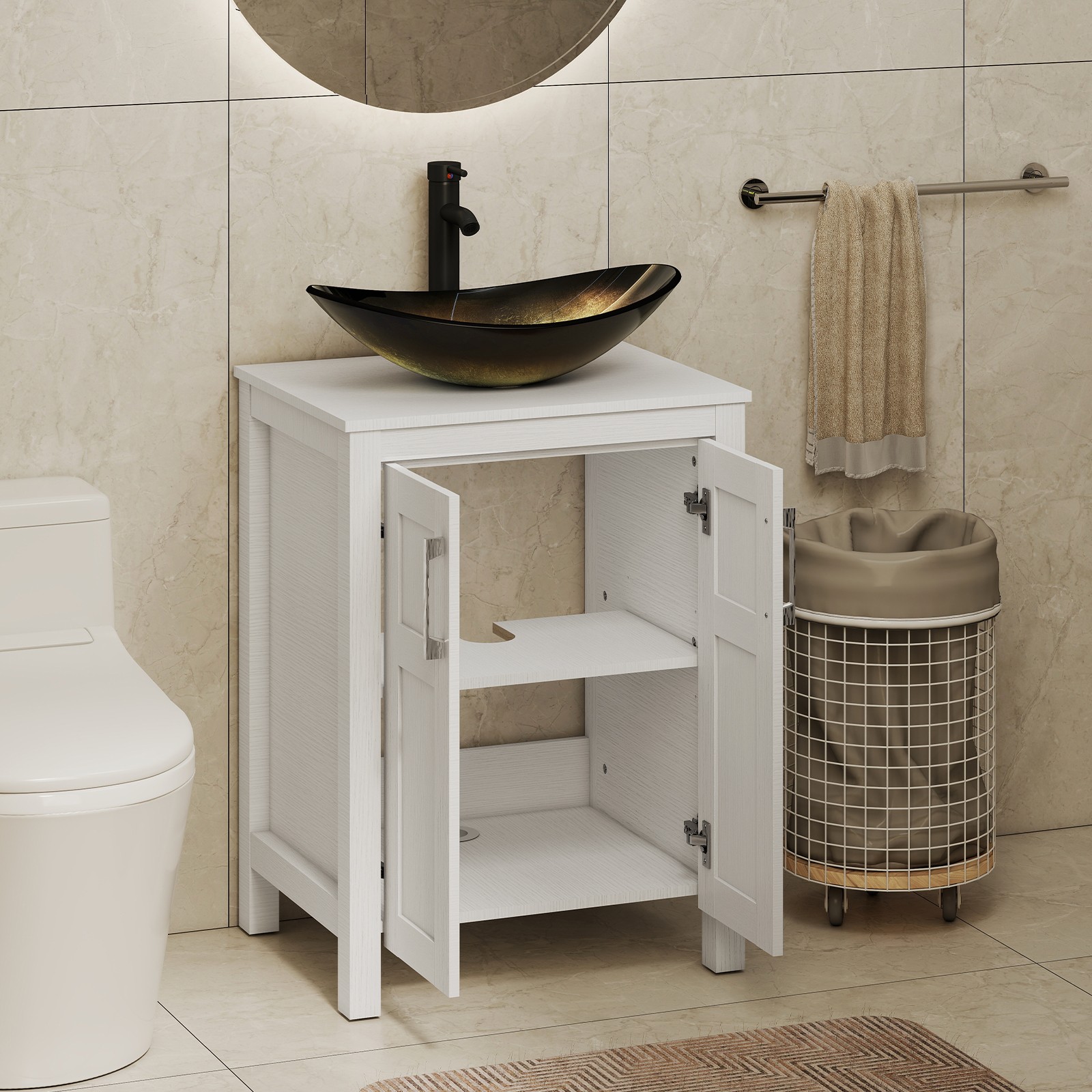 24 Inch Freestanding White Bathroom Vanity Set Vessel Sink Faucet Pop Up Drain