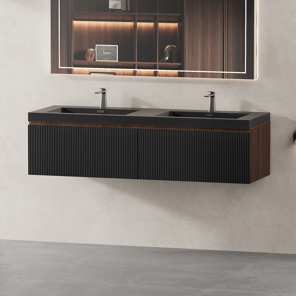 60″ Wall Mounted Bathroom Vanity w/Double Sink,2 Drawers,Floating Vanity Cabinet