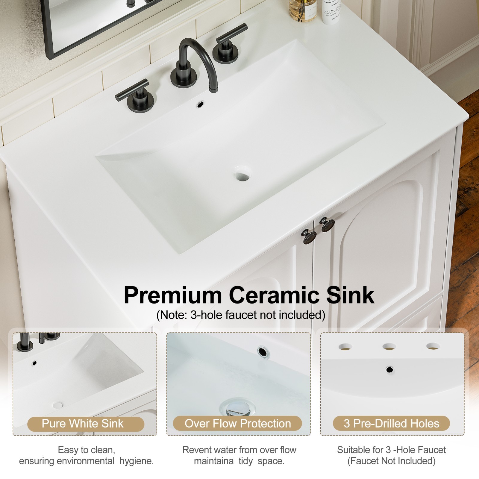 30″ Bathroom Vanity with Sink, Freestanding Bath Vanity Cabinet 2 Doors, Drawer