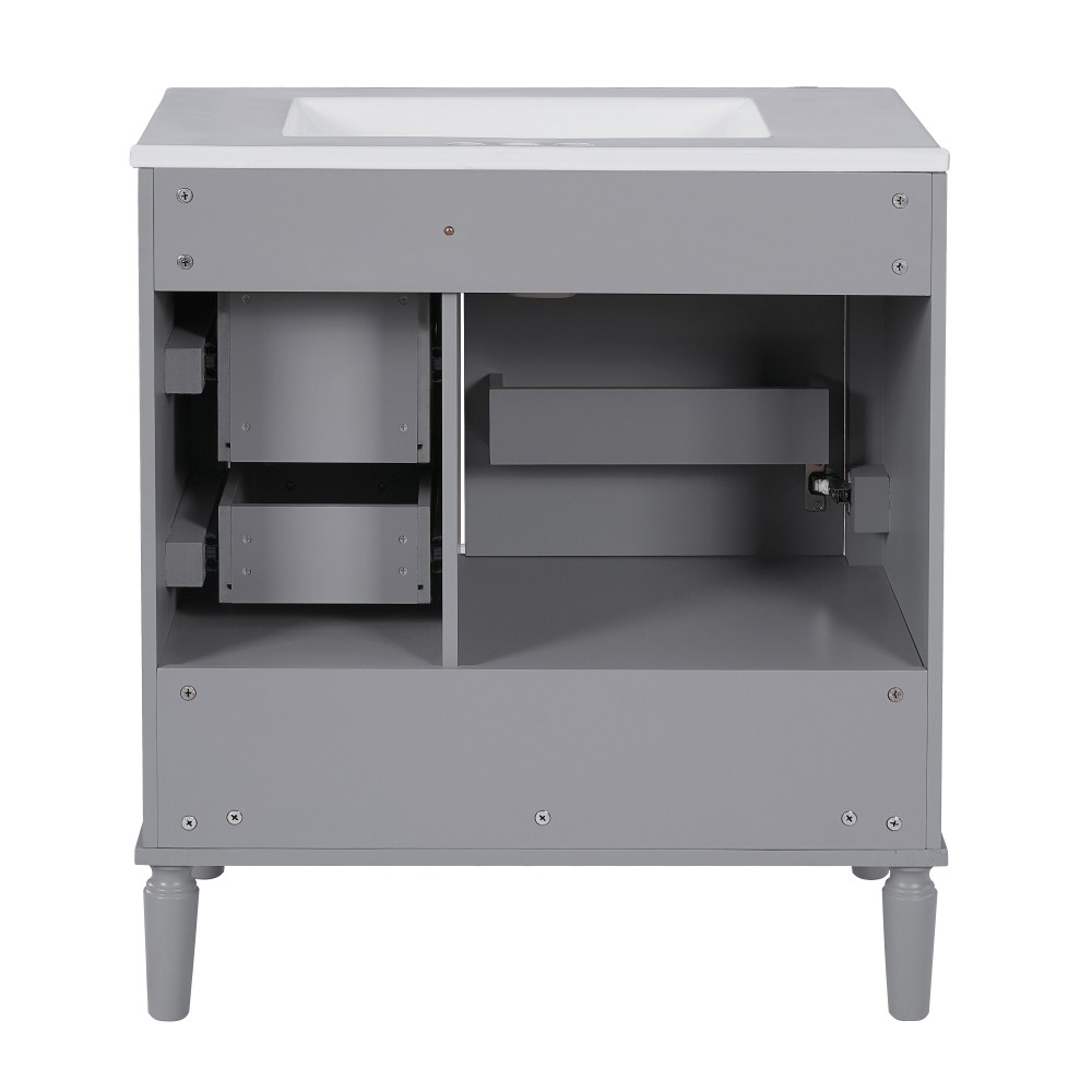 30″ Wood Bathroom Vanity Ceramic Sink Soft Close Door 3 Drawers Storage Cabinet