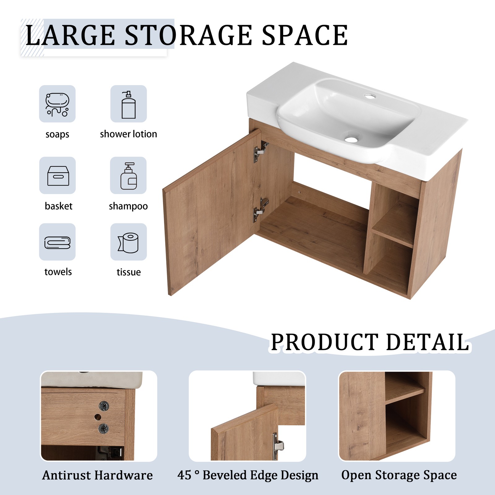 28 Inch Wall Mount Bathroom Vanity White Ceramic Sink Soft Close Door