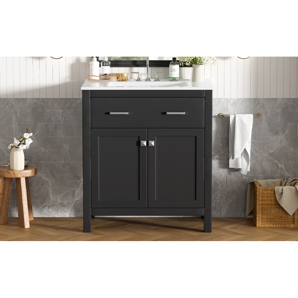 30″ MDF Bathroom Vanity Ceramic Sink Soft Close 2 Doors Adjustable Shelf Storage
