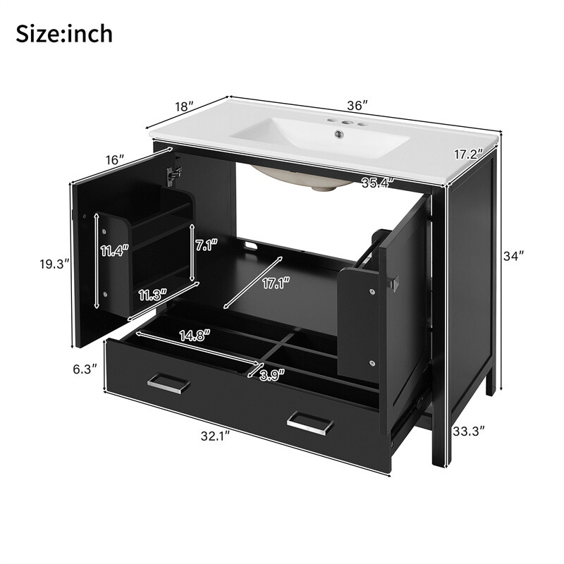 36″ Black Bathroom Vanity with Ceramic Sink Bathroom Cabinet with Ample Storage