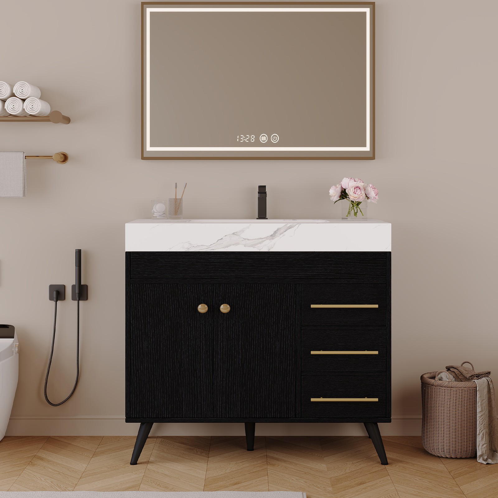 36″ Freestanding Bathroom Vanity with Ceramic Sink & Faux Marble Top