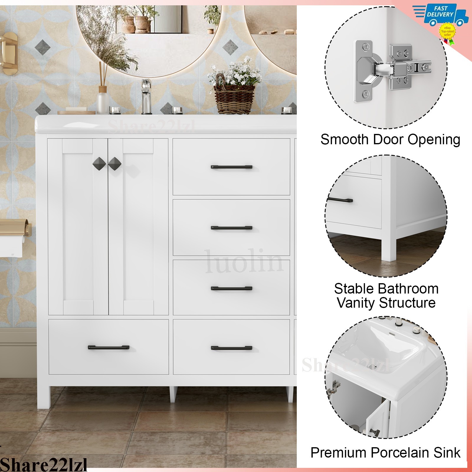 47inch Bathroom Vanity with Sink Ceramic Freestanding Cabinet with Storage Space