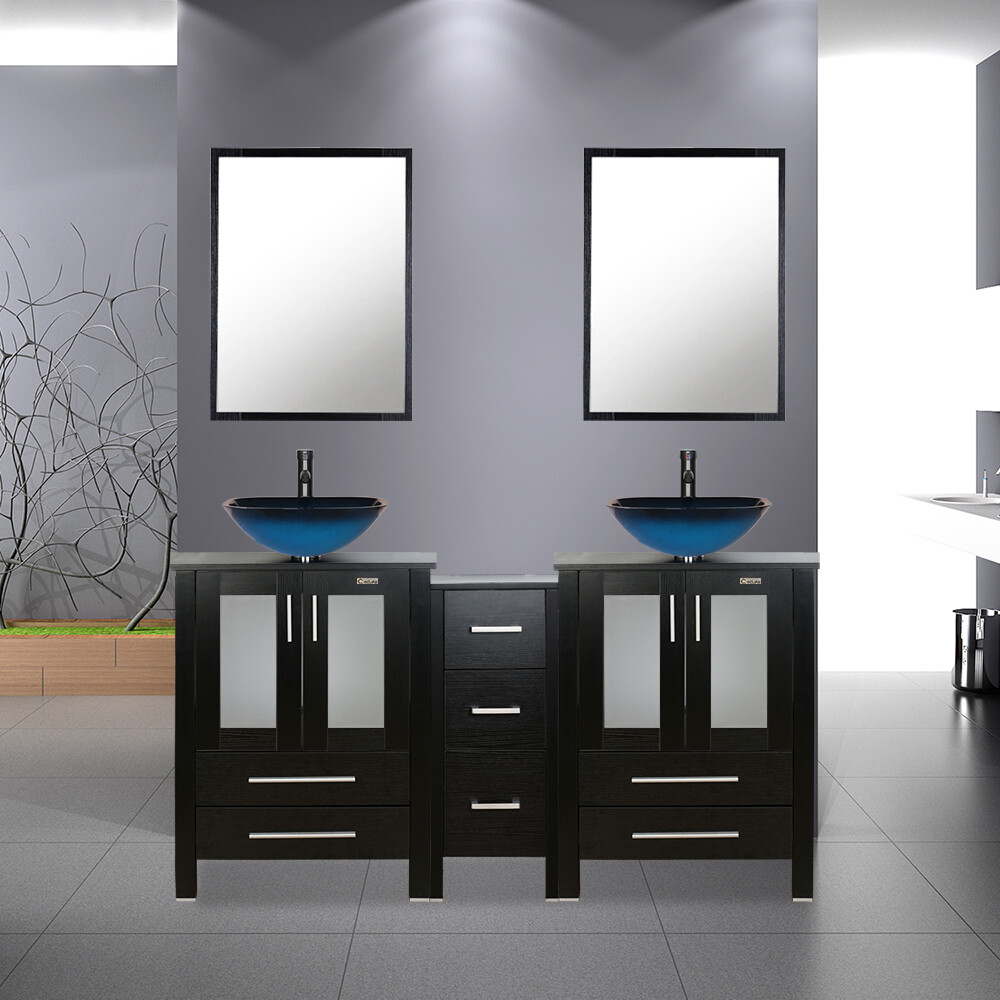 60″ Black 2 Bathroom Vanity Mirror Side Cabinet Vessel Glass/Ceramic Sink Faucet