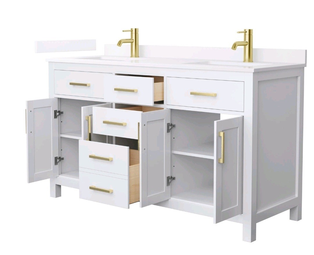 Beckett 60″ White Double Vanity & White Quartz Top (1-Hole) & Gold Trim