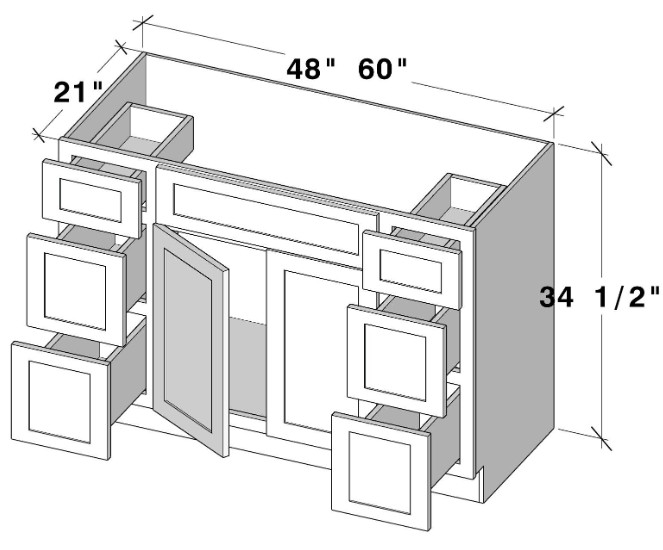 Unfinished Vanity Single Sink Base With 6 Drawers – Raw Wood (RTA) Unassembled