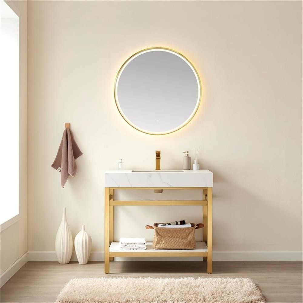 Funes 36″ Single Sink Bathroom Vanity in Brushed Gold Frame White Top w/ Mirror