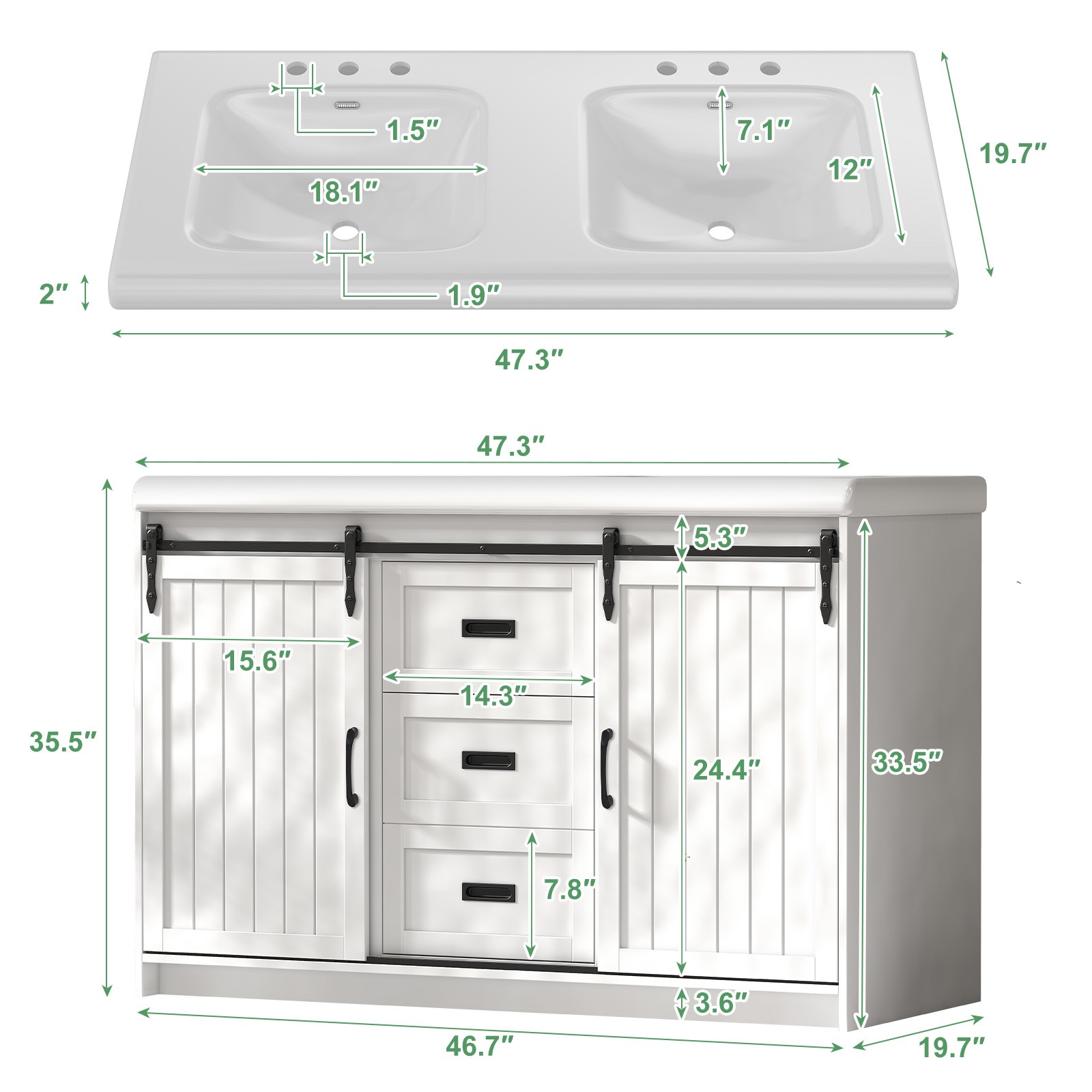 47″ Bathroom Double Sink Vanity Cabinet Ceramic Vessel Sink 3-Drawer Cabinet NEW