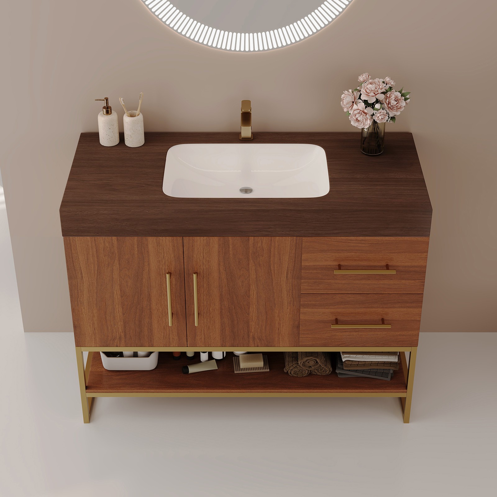 36″ Modern Bathroom Vanity w/Seamless Ceramic Sink & Sintered Stone Top Walnut
