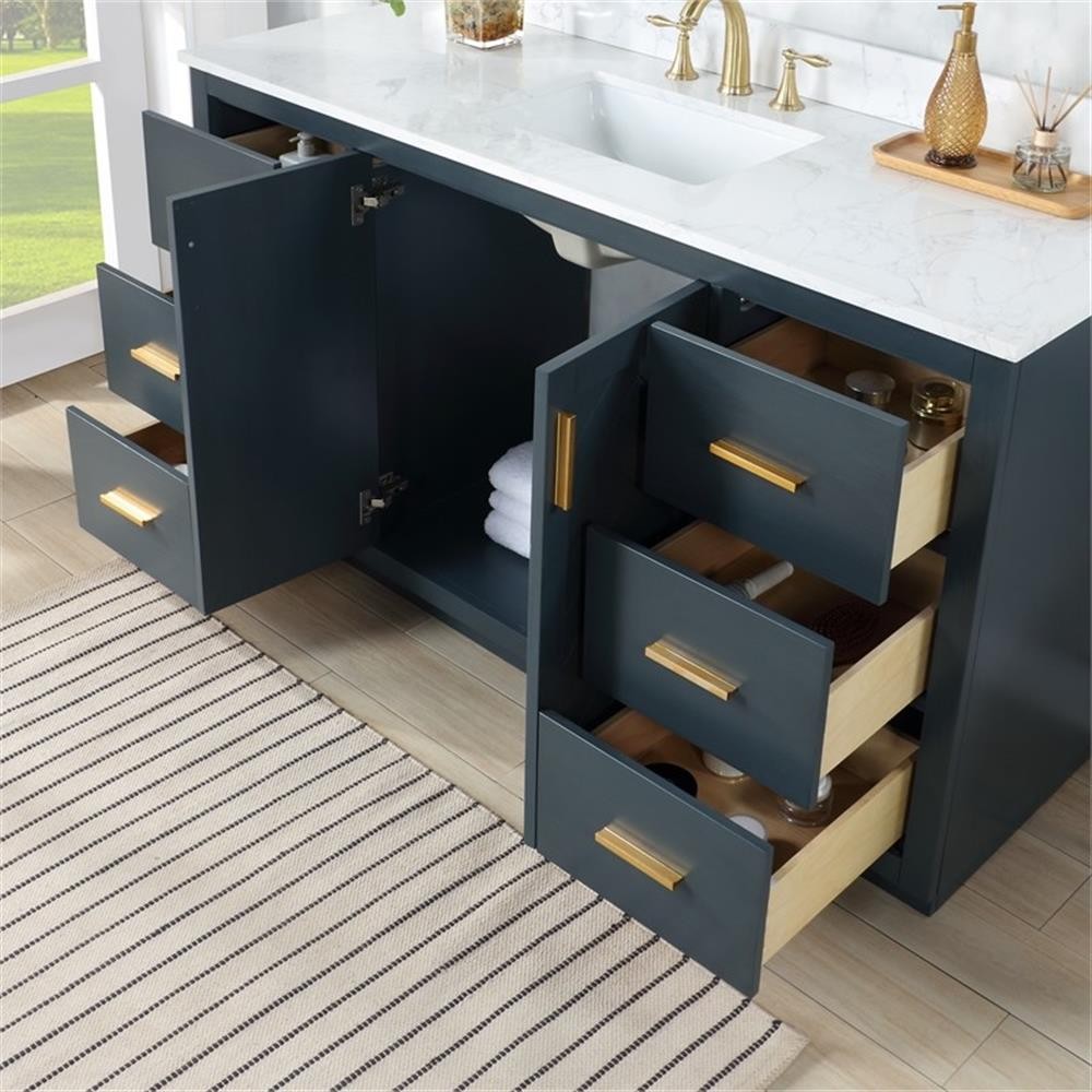 Pemberly Row 60″W Wood Vanity – Classic Blue with Composite Stone Top