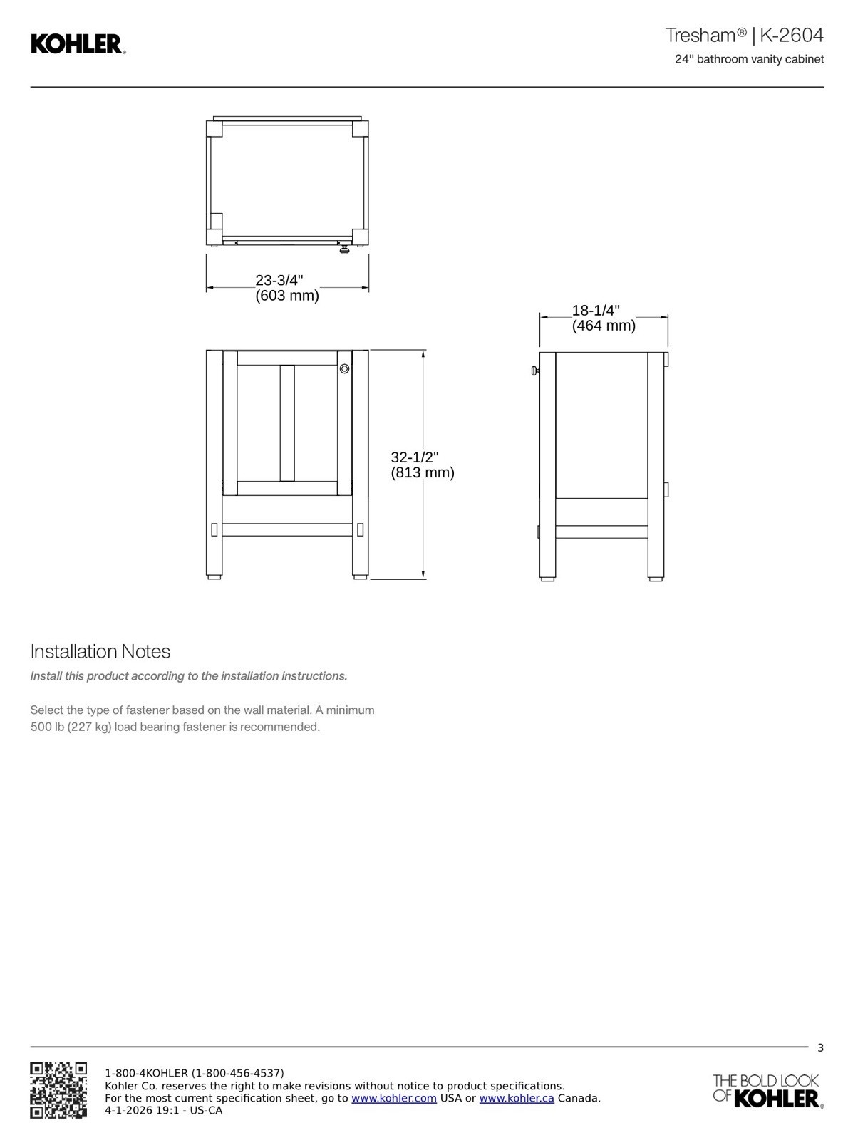 Kohler Tresham® 24″ bathroom vanity cabinet K-2604-F69 In Woodland Finish