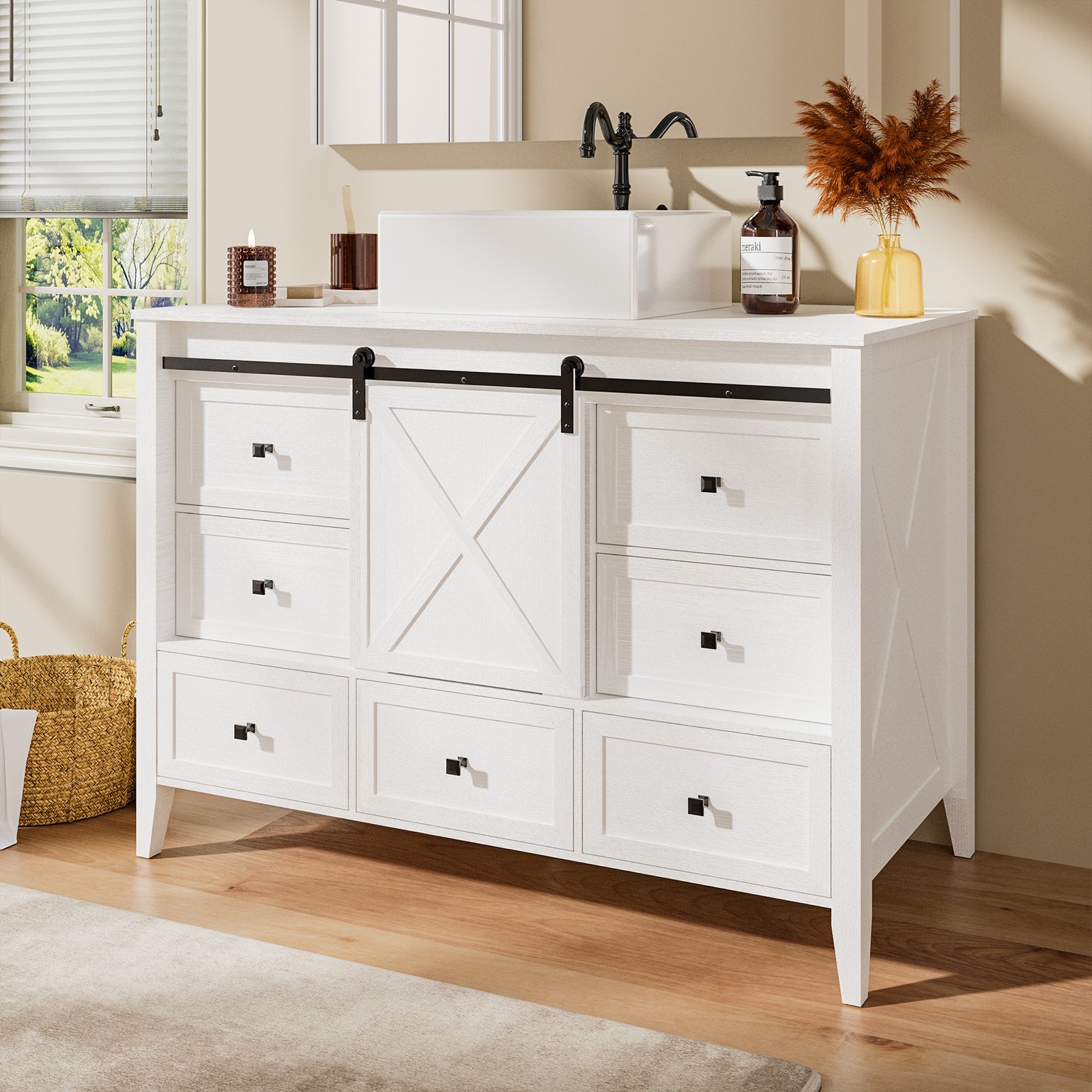 48″ Bathroom Vanity Wood Grain Cabinet with Ceramic Sink NO Faucet Combo Set
