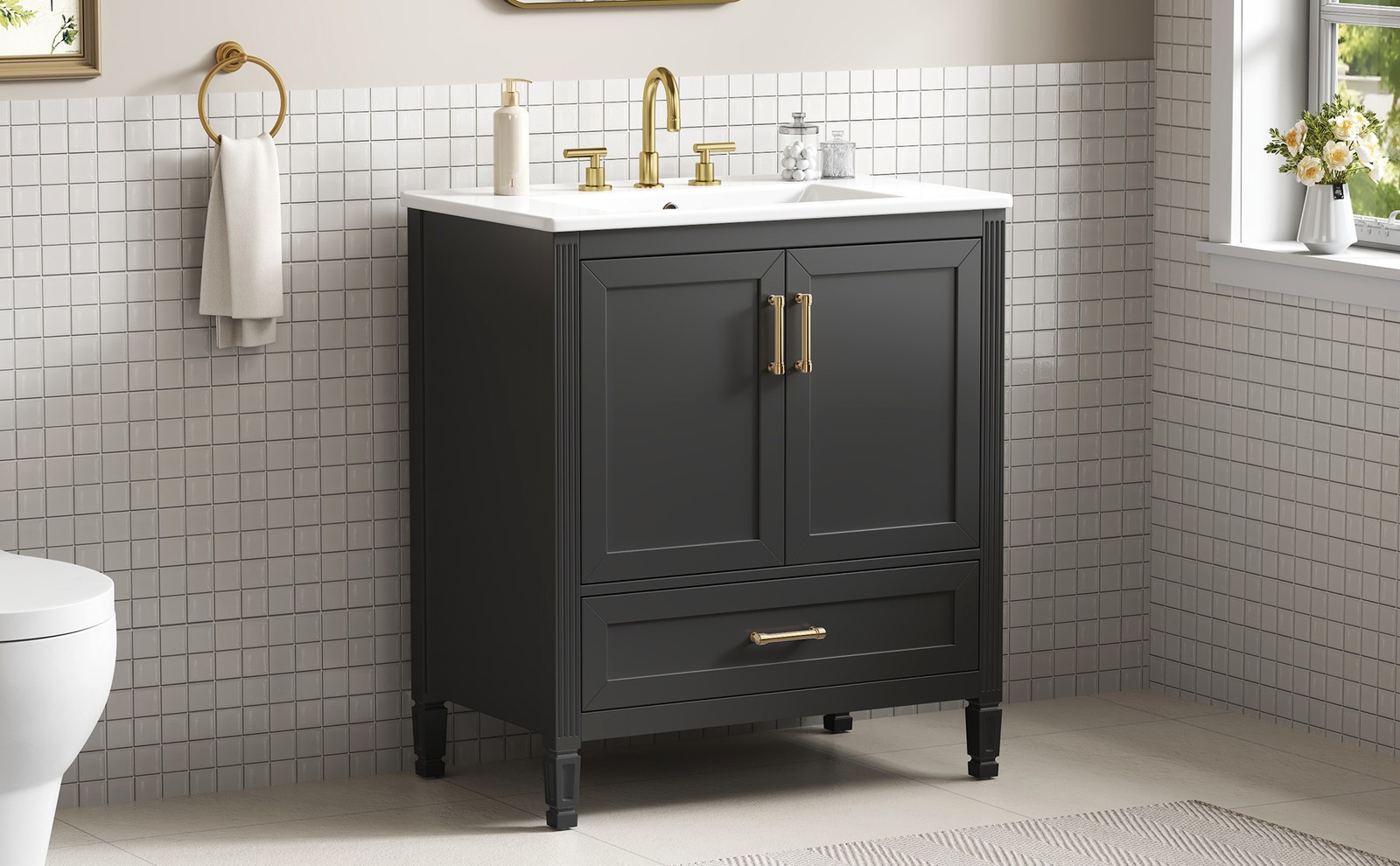 30 Inch Black Fluted Bathroom Vanity with Ceramic Sink, Soft-Close