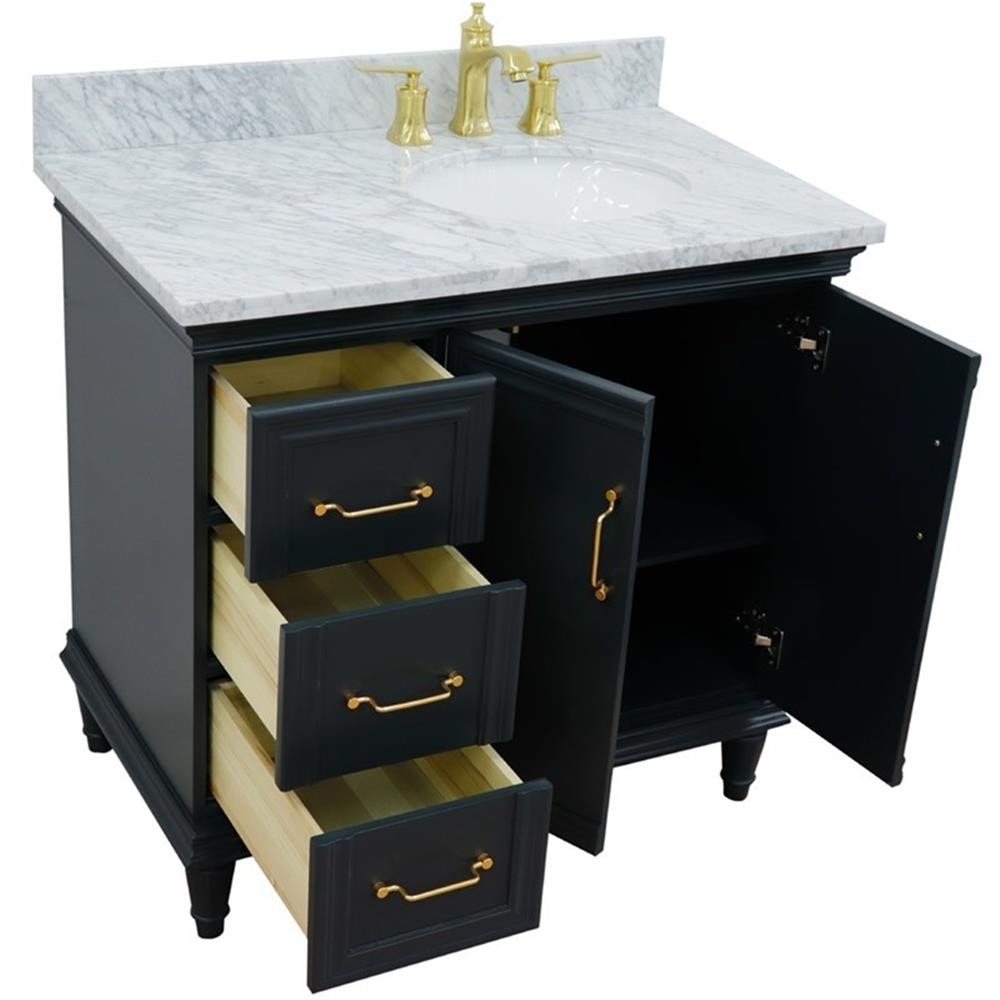 37 in. Single Wooden Vanity Dark Gray White Carrara Oval Right Door.Right Sink